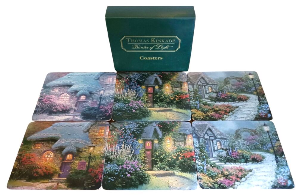 Thomas Kinkade Painter of Light Cottage Coasters Boxed Set of 6 Cork Backing